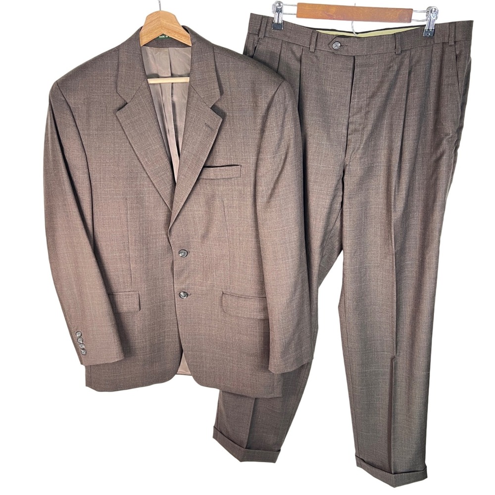 Lauren Ralph Lauren Mens Brown Glen Plaid Wool Suit 42L 35W Made in Canada 90s